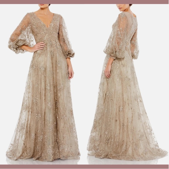 NEW Mac Duggal [ 10 ]‎ Embellished V-Neck Puff Sleeve A-Line Gown in Mocha Tan - Picture 1 of 16